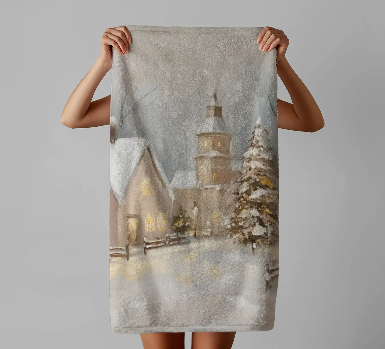 Villaggio d'inverno con luci festose asciugamano da bagno da Melloi Art Print