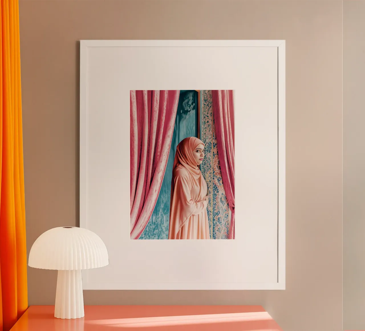 Giovane donna in hijab tra le tende - Collezione Marrakesh poster con telaio in alluminio da Conde Arte