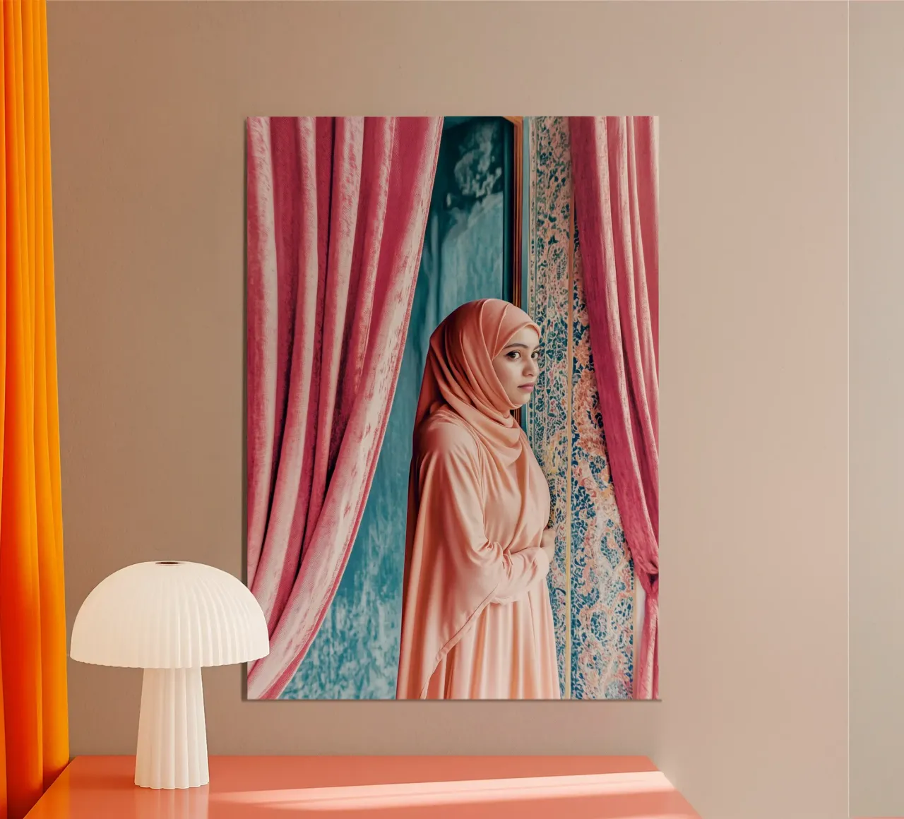 Giovane donna in hijab tra le tende - Collezione Marrakesh poster con telaio in alluminio da Conde Arte