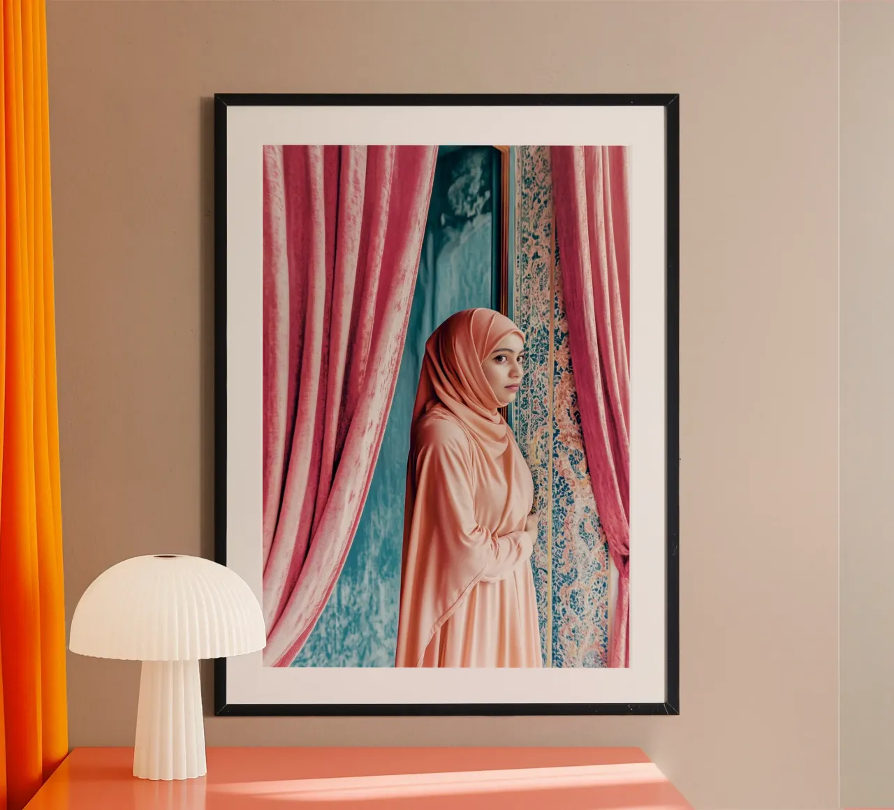 Giovane donna in hijab tra le tende - Collezione Marrakesh poster con telaio in alluminio da Conde Arte