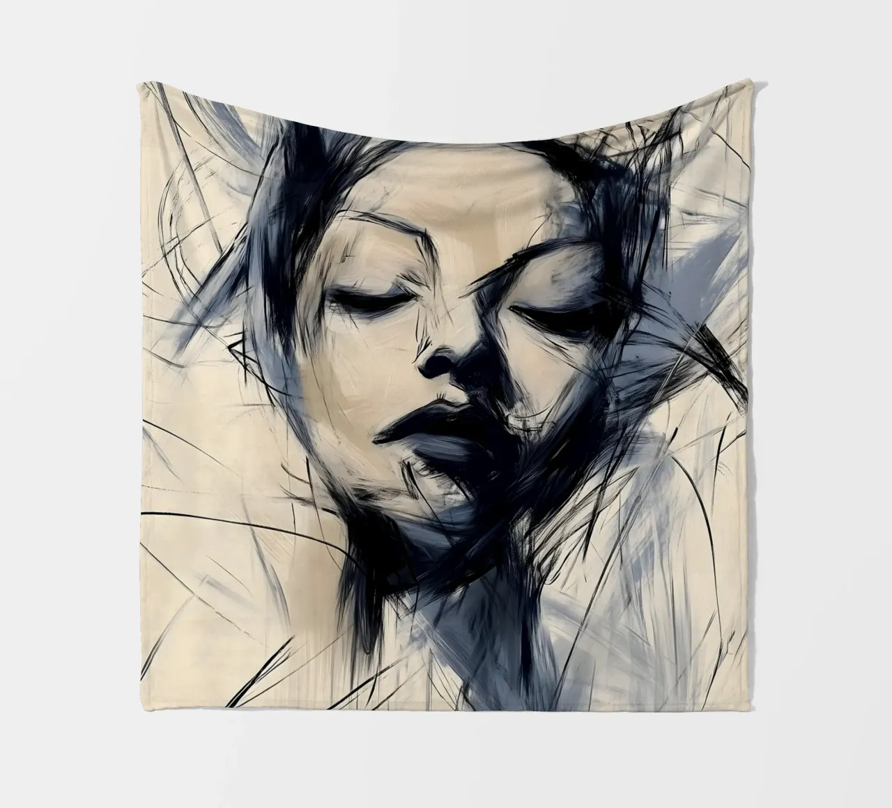 Female portrait - Blue and beige Abstract Collection fleece blanket by Conde Arte