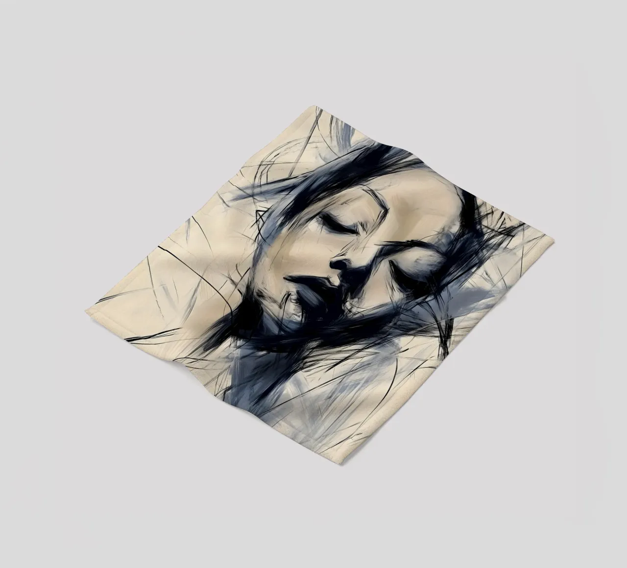 Female portrait - Blue and beige Abstract Collection fleece blanket by Conde Arte