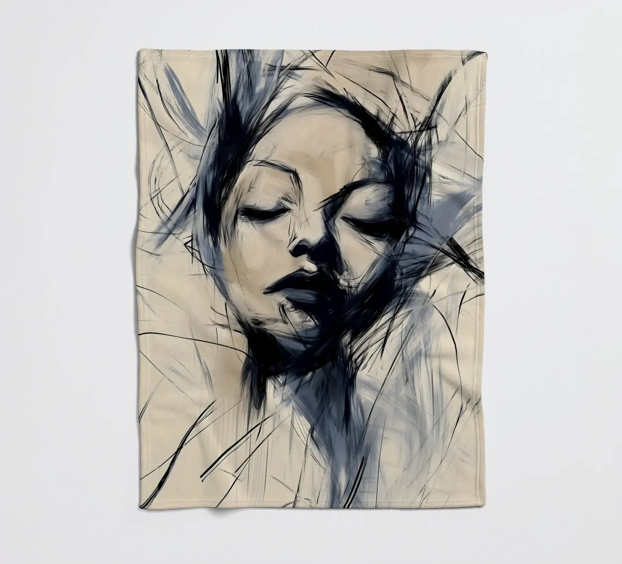 Female portrait - Blue and beige Abstract Collection fleece blanket by Conde Arte