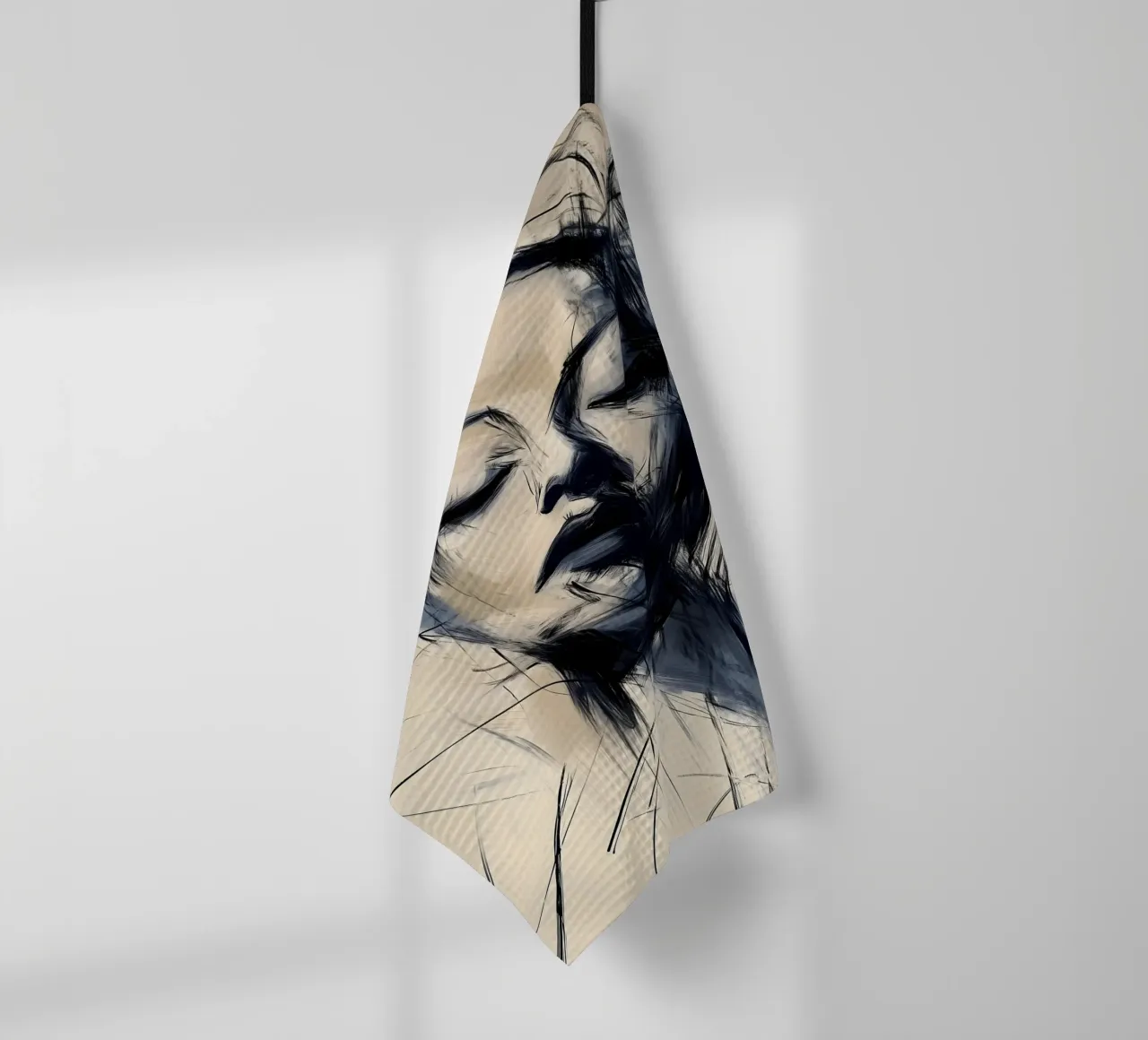 Female portrait - Blue and beige Abstract Collection tea towel by Conde Arte