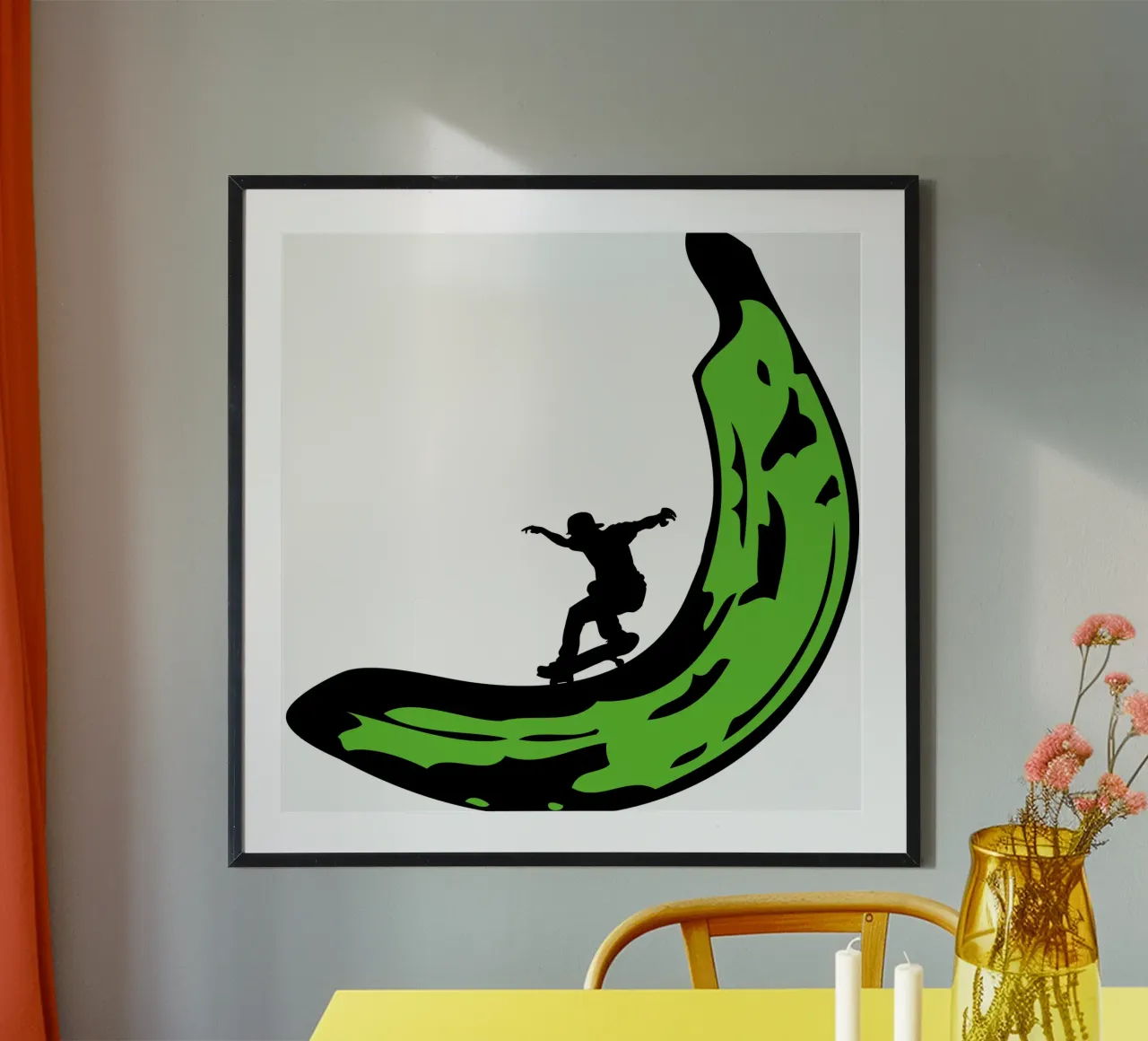groene banaan skateboard kunstontwerp poster met aluminium frame van ririedis