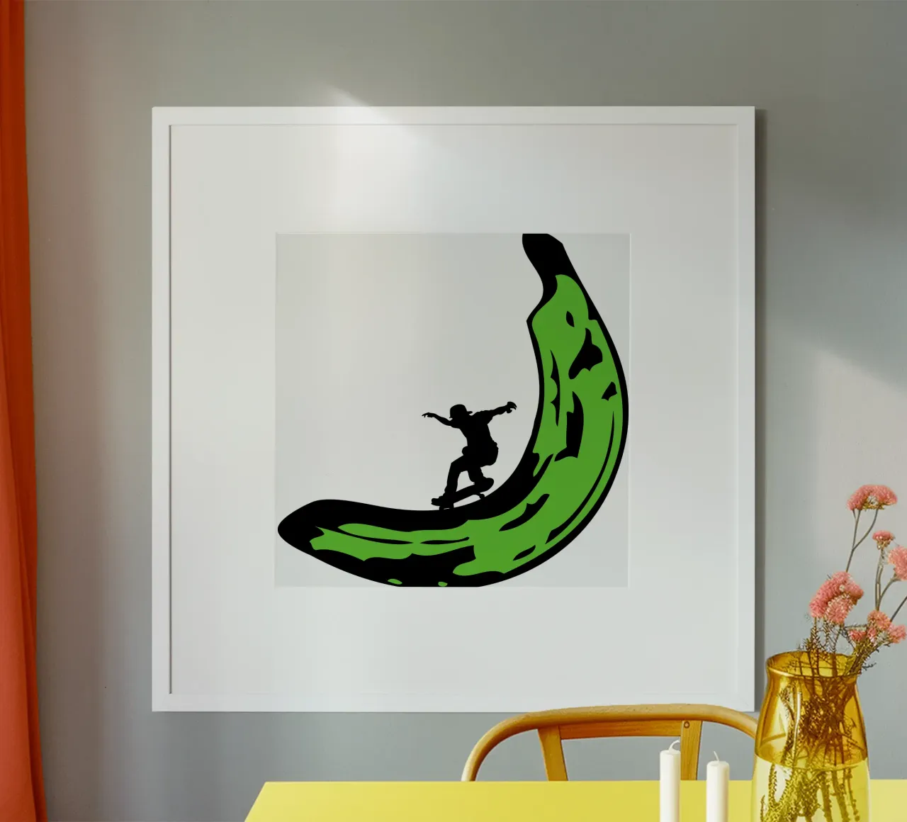 groene banaan skateboard kunstontwerp poster met aluminium frame van ririedis
