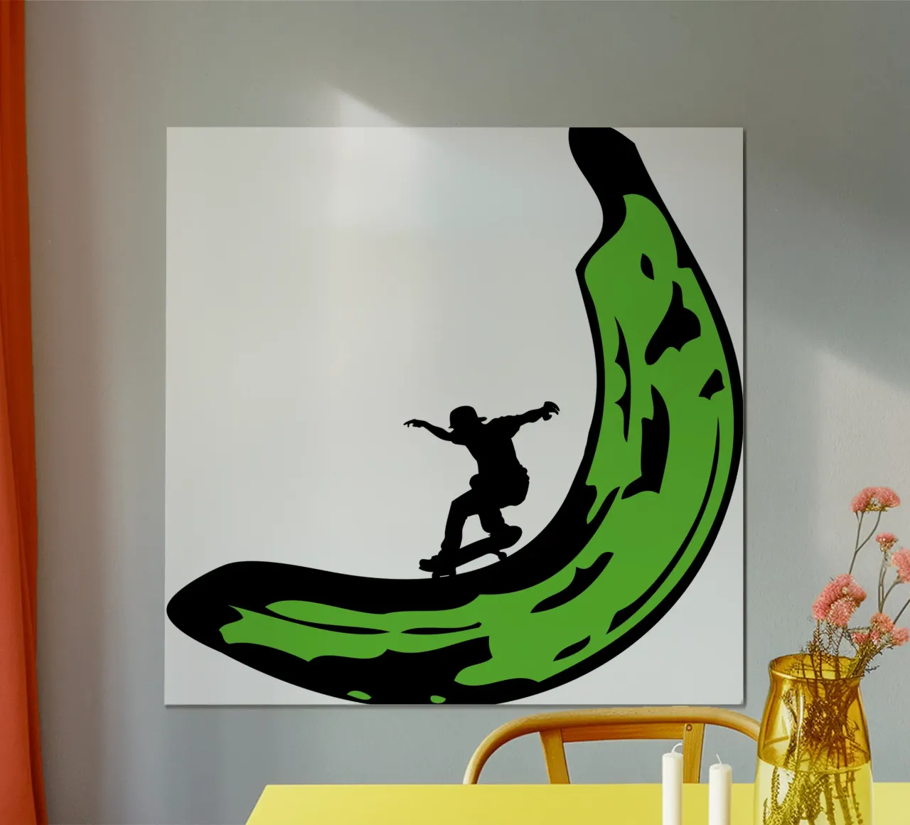 groene banaan skateboard kunstontwerp poster met aluminium frame van ririedis