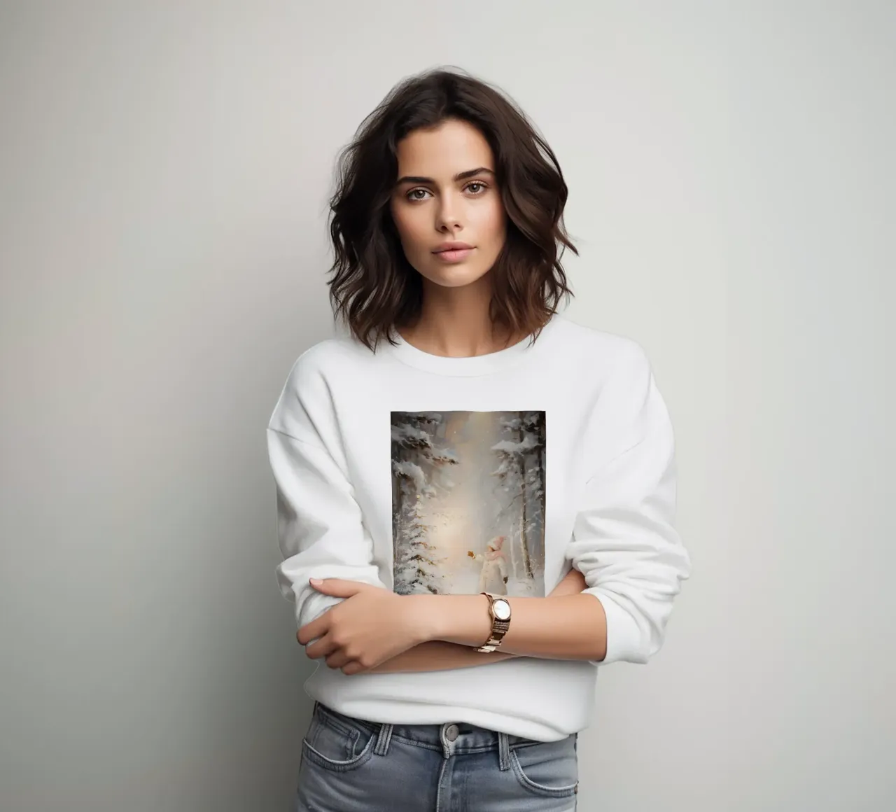 Kind greift nach schneebedecktem Baum im Winterwald Sweatshirt von Melloi Art Print
