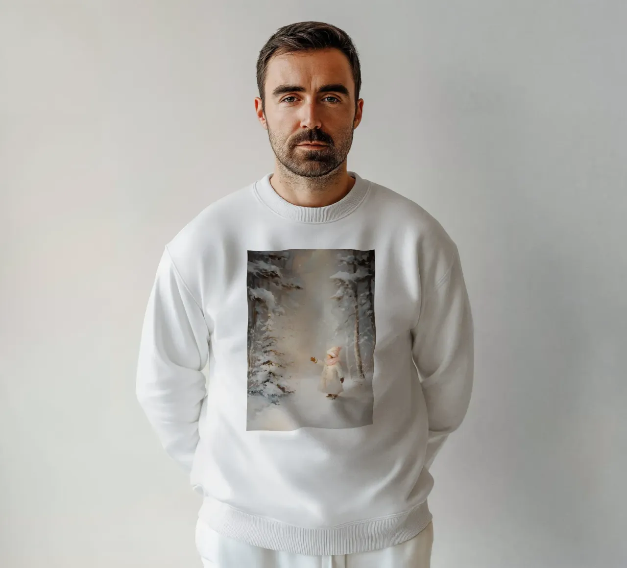 Kind greift nach schneebedecktem Baum im Winterwald Sweatshirt von Melloi Art Print