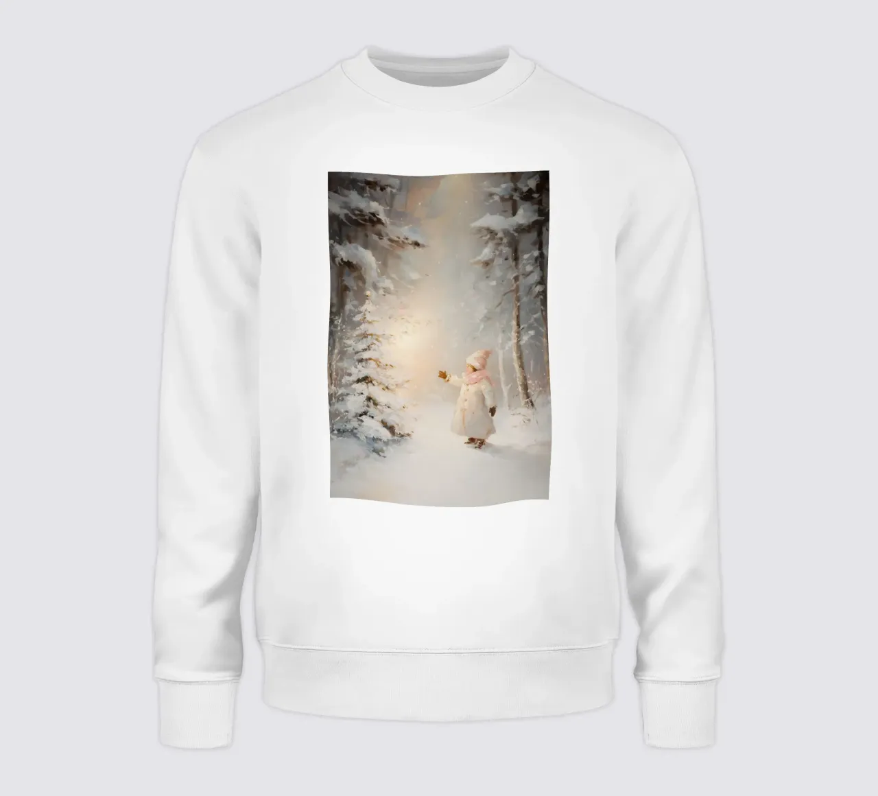 Kind greift nach schneebedecktem Baum im Winterwald Sweatshirt von Melloi Art Print