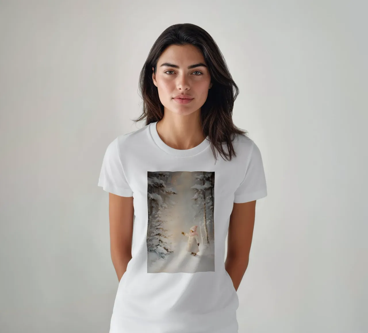 Bambino che cerca di raggiungere un albero coperto di neve in una foresta invernale t-shirt da Melloi Art Print