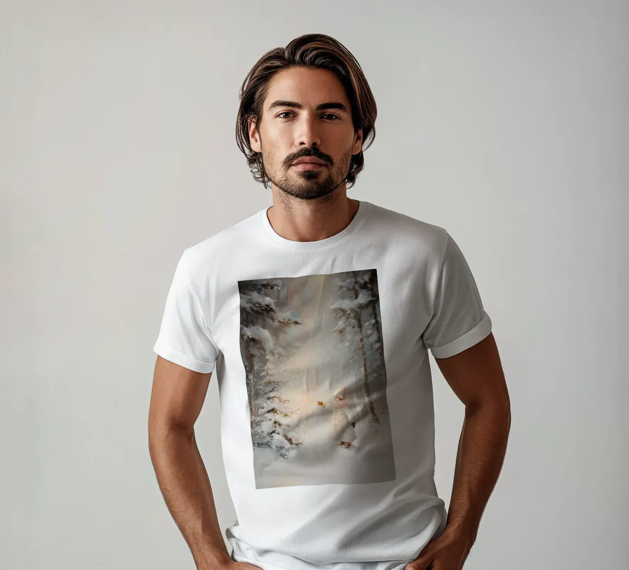 Bambino che cerca di raggiungere un albero coperto di neve in una foresta invernale t-shirt da Melloi Art Print