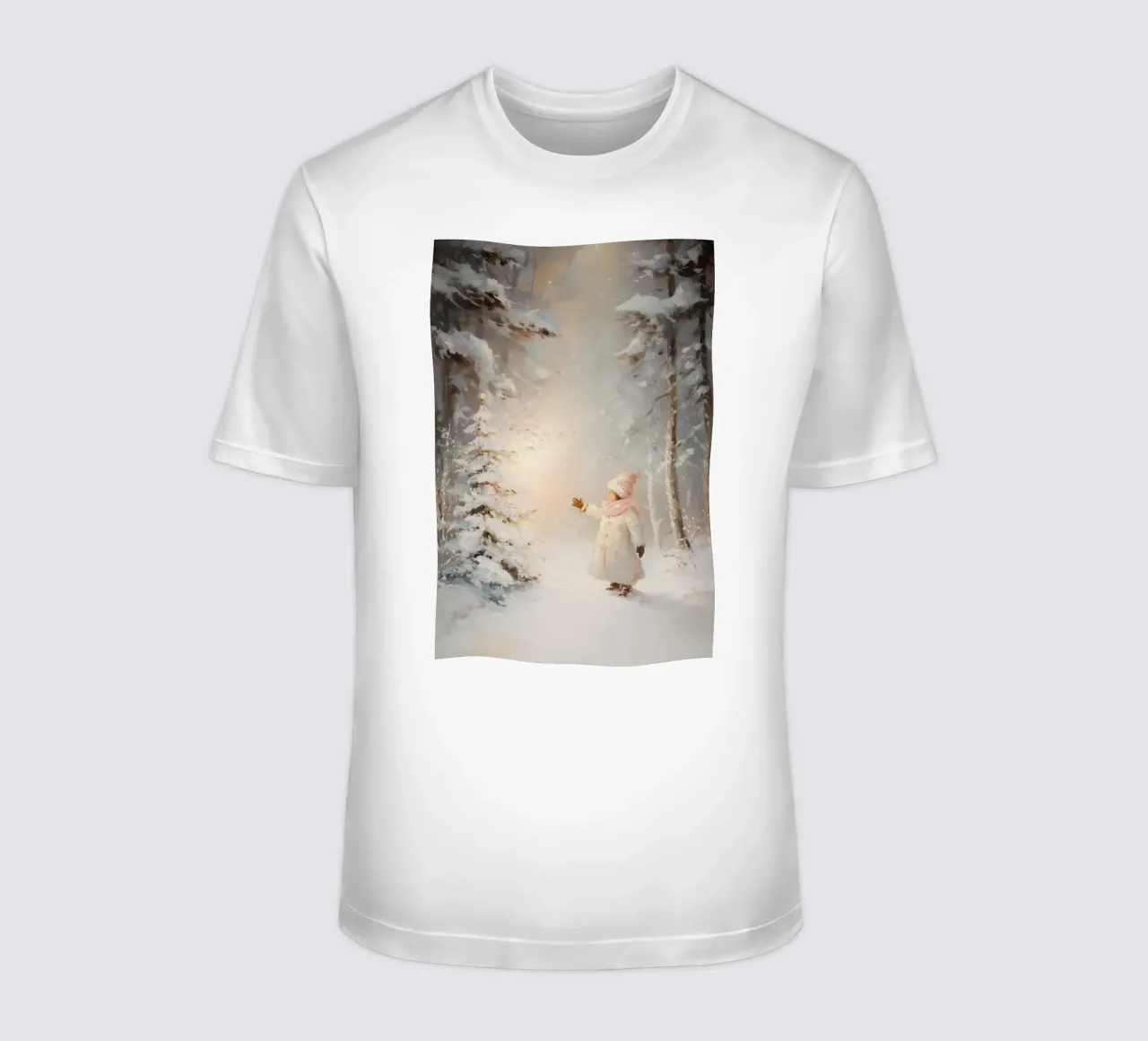 Bambino che cerca di raggiungere un albero coperto di neve in una foresta invernale t-shirt da Melloi Art Print