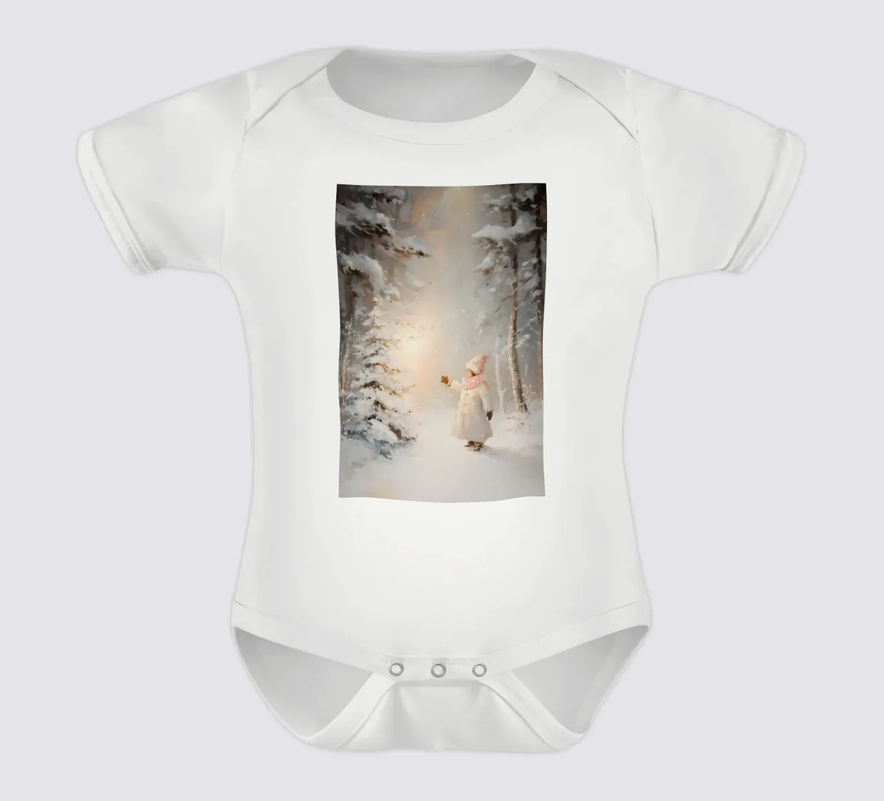 Bambino che cerca di raggiungere un albero coperto di neve in una foresta invernale body neonato maniche corte da Melloi Art Print
