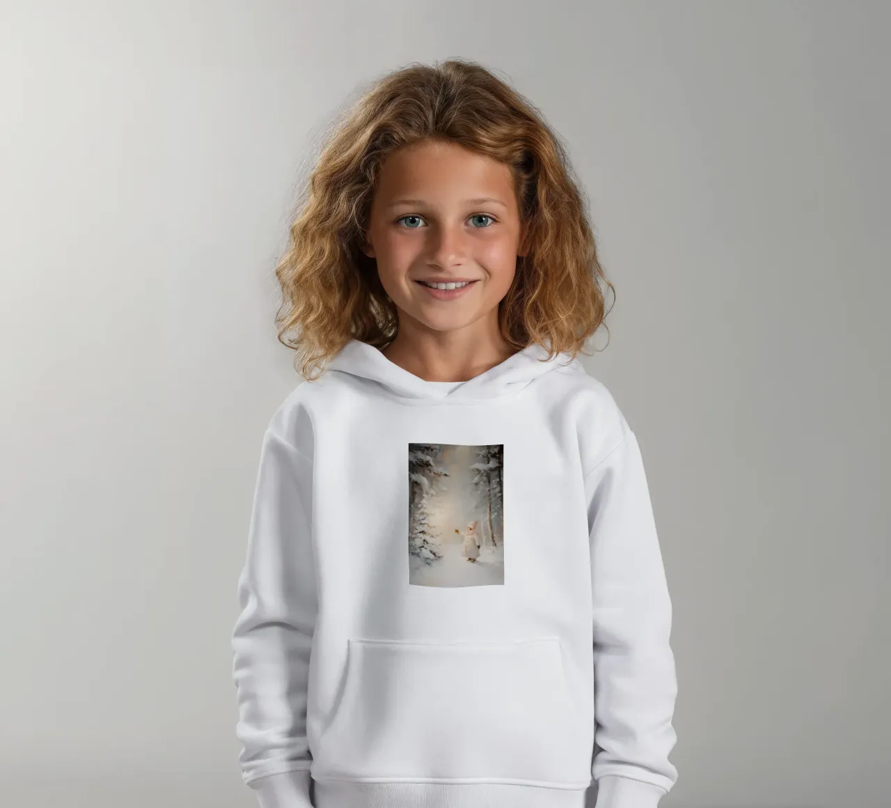 Enfant atteignant un arbre recouvert de neige dans une forêt d'hiver sweat à capuche enfant de Melloi Art Print