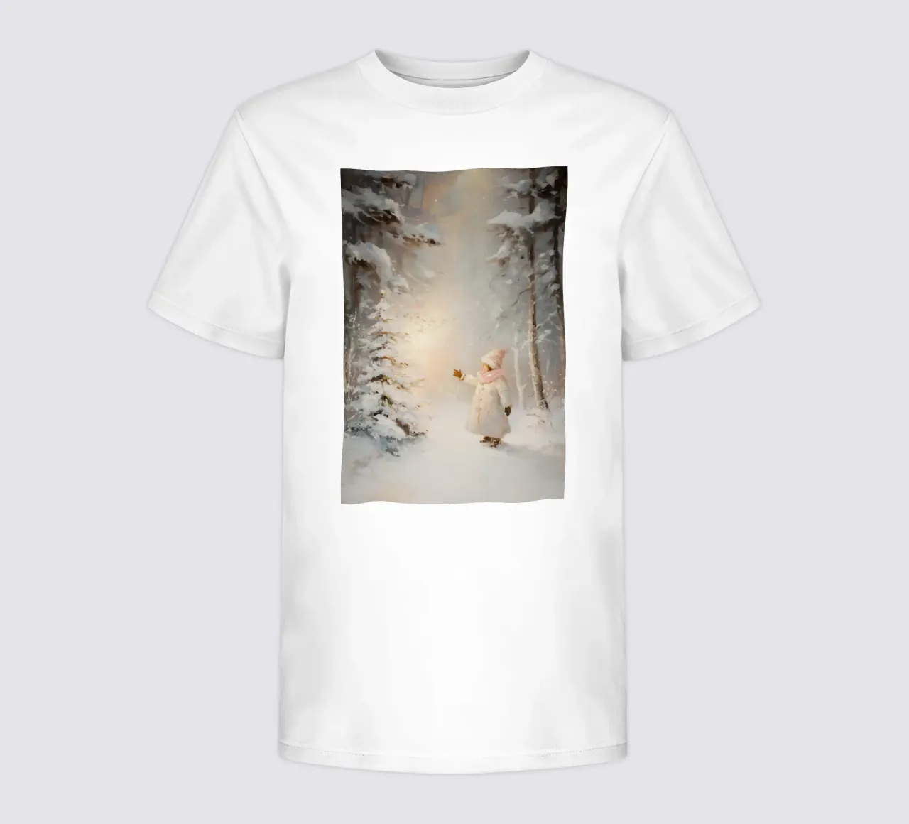 Enfant atteignant un arbre recouvert de neige dans une forêt d'hiver t-shirt enfant de Melloi Art Print