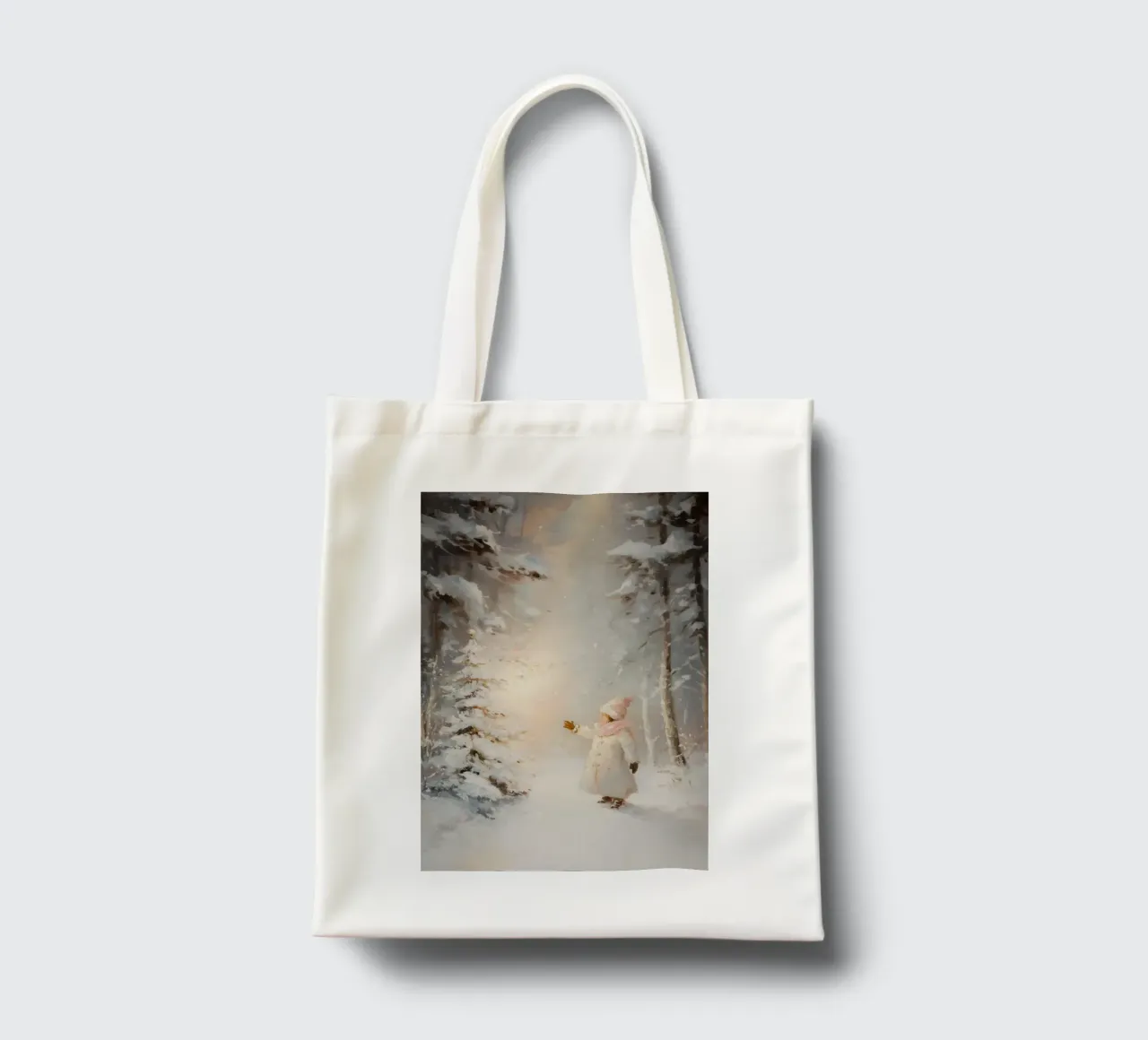 Enfant atteignant un arbre recouvert de neige dans une forêt d'hiver tote bag de Melloi Art Print