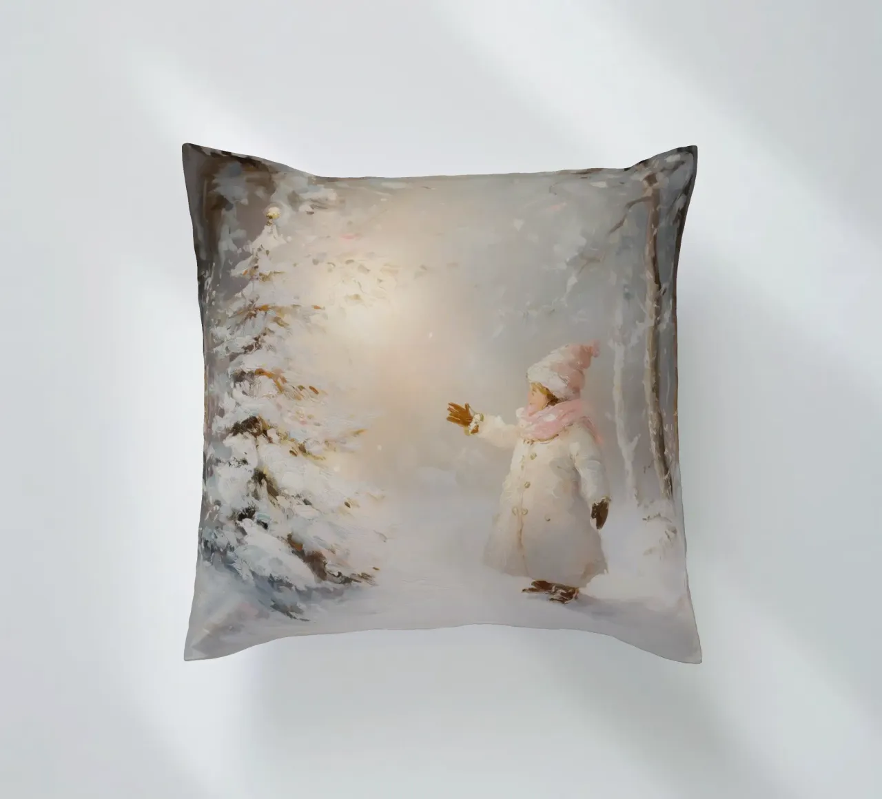 Bambino che cerca di raggiungere un albero coperto di neve in una foresta invernale cuscino da Melloi Art Print