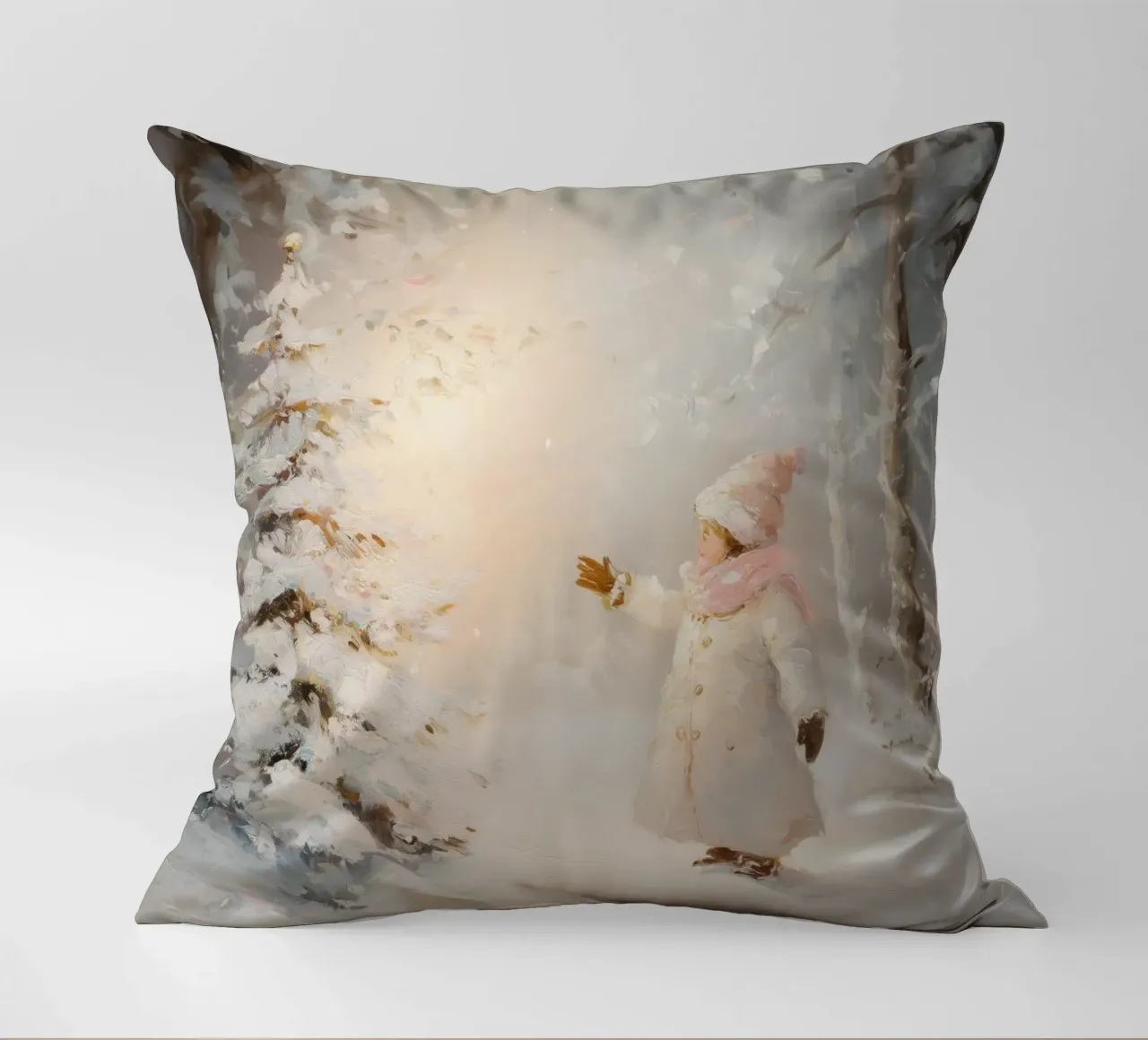 Bambino che cerca di raggiungere un albero coperto di neve in una foresta invernale cuscino da Melloi Art Print