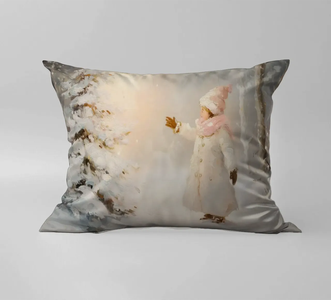 Bambino che cerca di raggiungere un albero coperto di neve in una foresta invernale cuscino da Melloi Art Print
