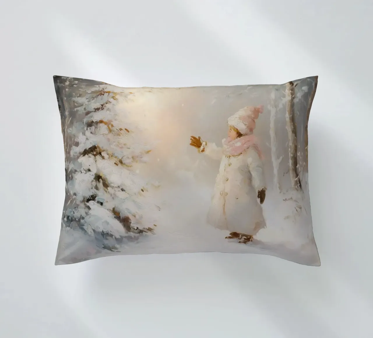 Bambino che cerca di raggiungere un albero coperto di neve in una foresta invernale cuscino da Melloi Art Print