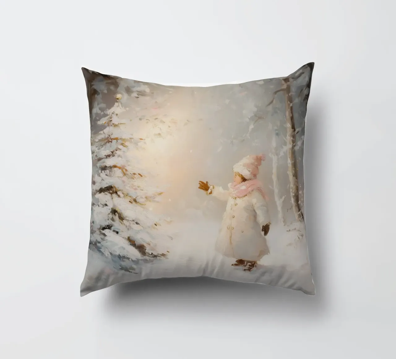 Bambino che cerca di raggiungere un albero coperto di neve in una foresta invernale cuscino da Melloi Art Print