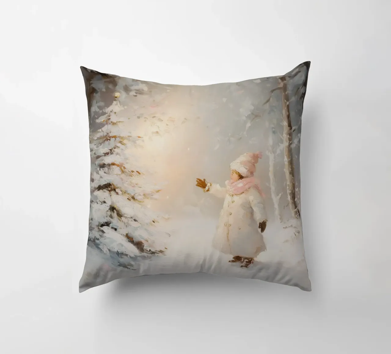 Bambino che cerca di raggiungere un albero coperto di neve in una foresta invernale cuscino da Melloi Art Print