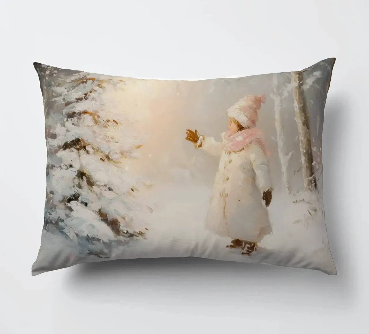 Bambino che cerca di raggiungere un albero coperto di neve in una foresta invernale cuscino da Melloi Art Print