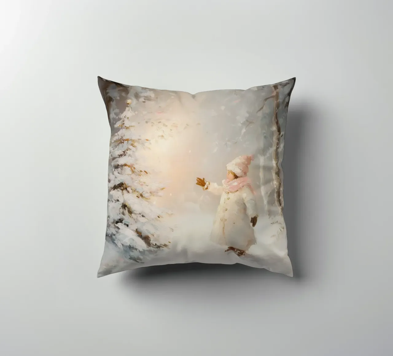 Bambino che cerca di raggiungere un albero coperto di neve in una foresta invernale cuscino da Melloi Art Print