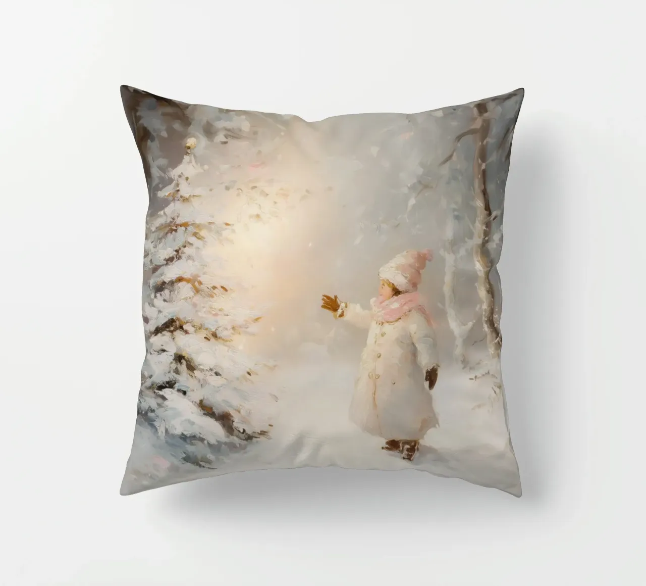 Bambino che cerca di raggiungere un albero coperto di neve in una foresta invernale cuscino da Melloi Art Print