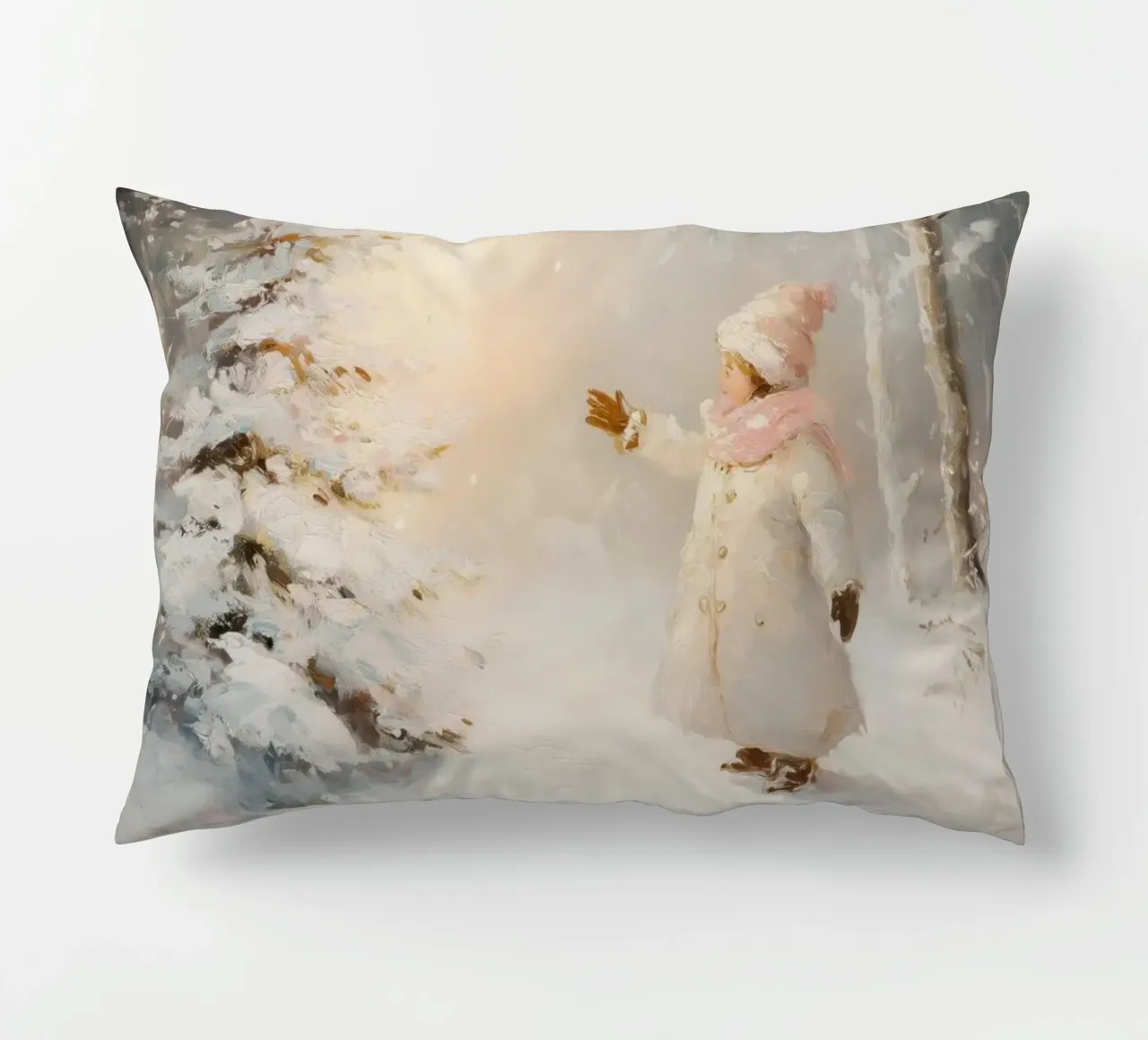 Bambino che cerca di raggiungere un albero coperto di neve in una foresta invernale cuscino da Melloi Art Print