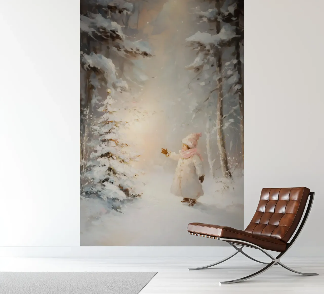 Enfant atteignant un arbre recouvert de neige dans une forêt d'hiver papier peint photo de Melloi Art Print
