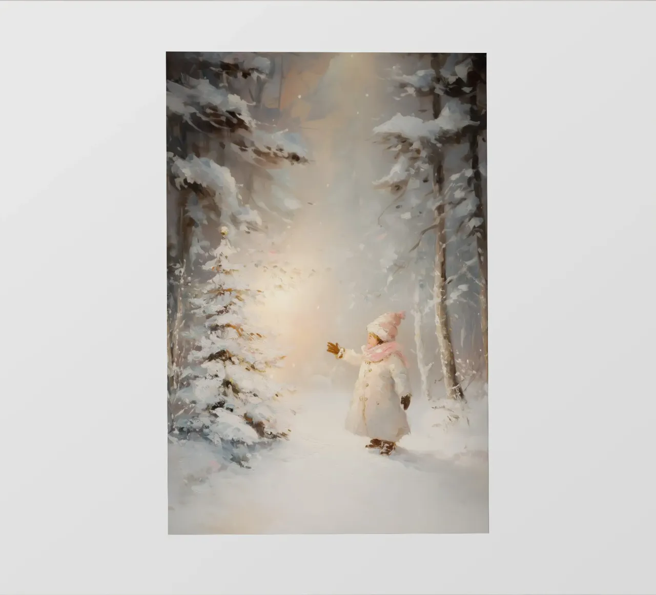 Enfant atteignant un arbre recouvert de neige dans une forêt d'hiver papier peint photo de Melloi Art Print