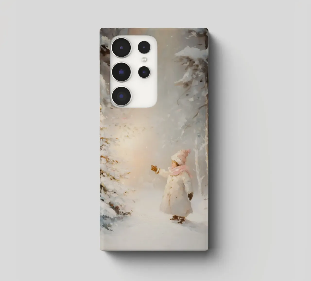 Enfant atteignant un arbre recouvert de neige dans une forêt d'hiver coque samsung de Melloi Art Print