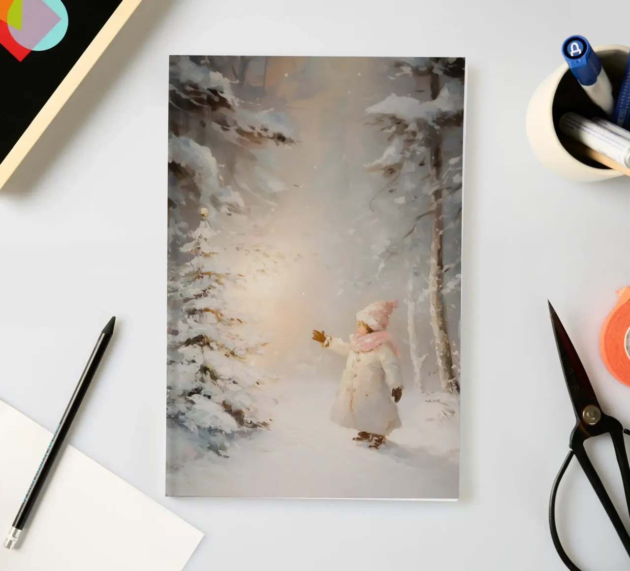 Bambino che cerca di raggiungere un albero coperto di neve in una foresta invernale diario da Melloi Art Print