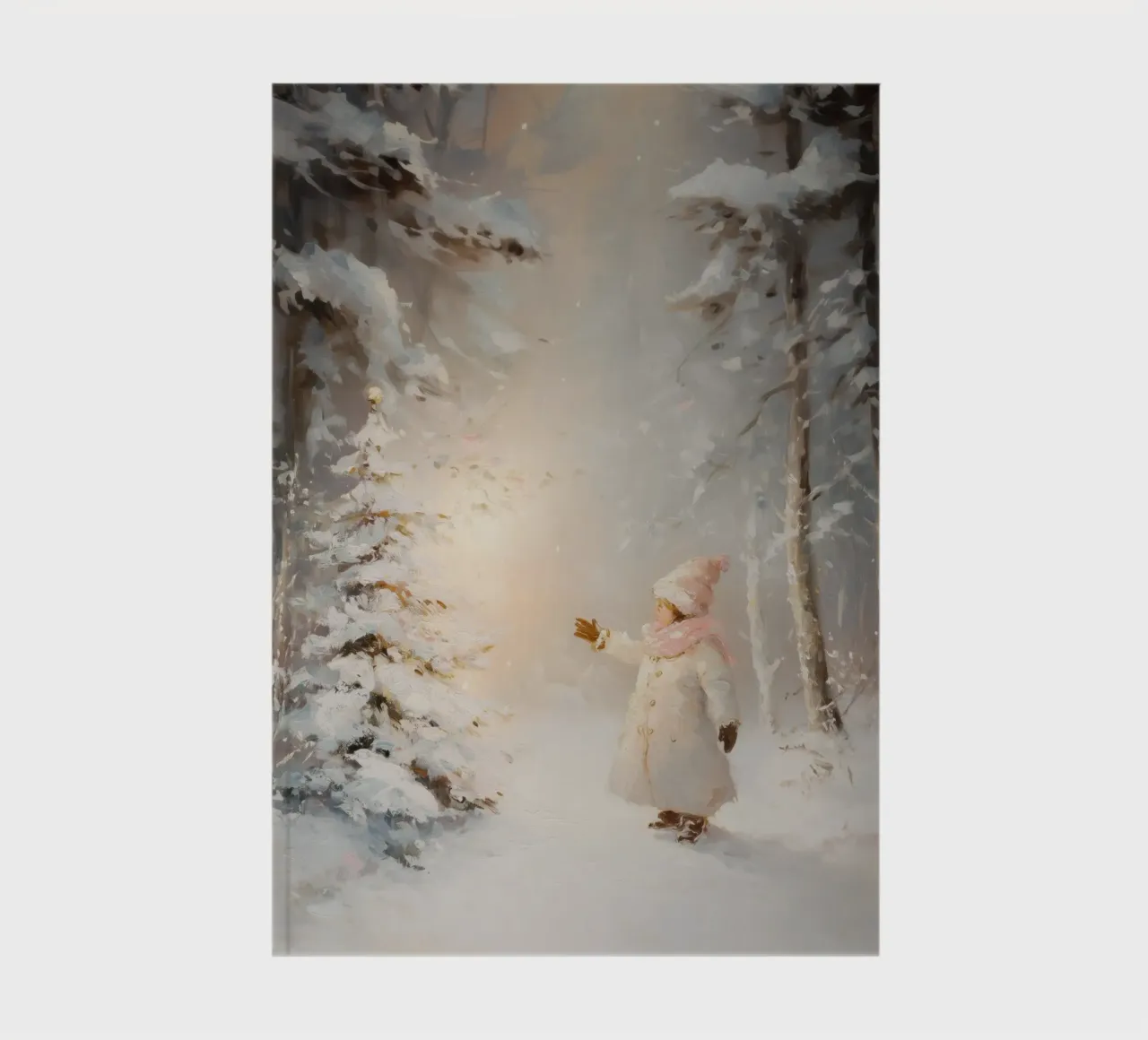 Bambino che cerca di raggiungere un albero coperto di neve in una foresta invernale diario da Melloi Art Print