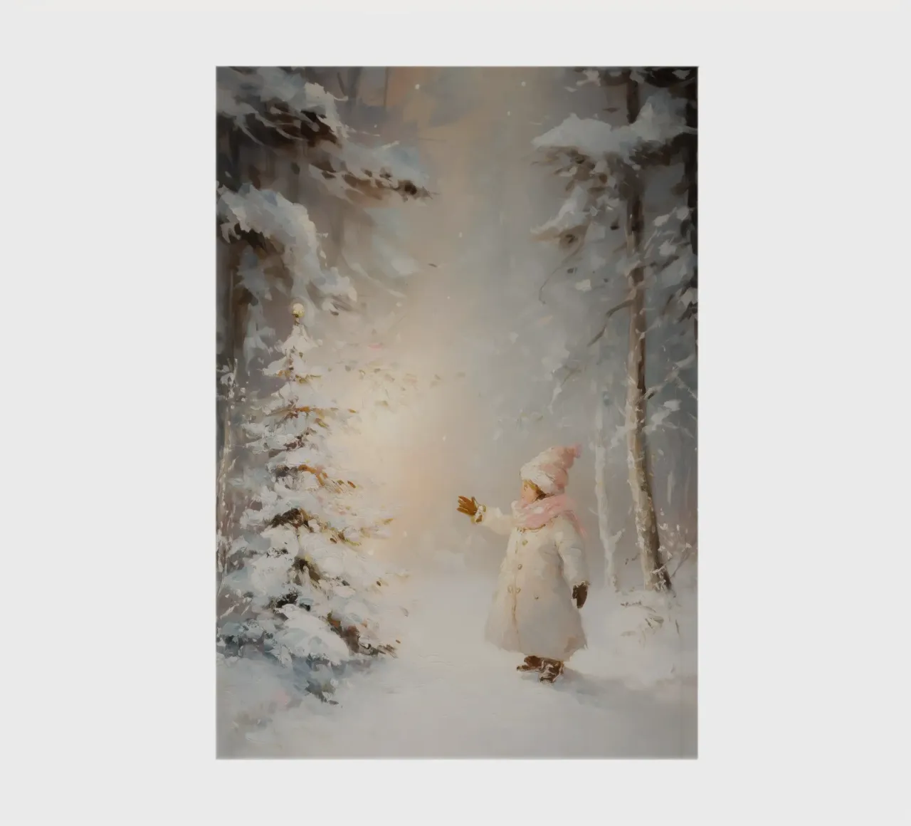 Bambino che cerca di raggiungere un albero coperto di neve in una foresta invernale diario da Melloi Art Print