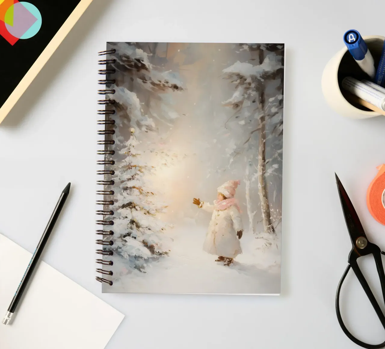 Bambino che cerca di raggiungere un albero coperto di neve in una foresta invernale diario ad anelli da Melloi Art Print