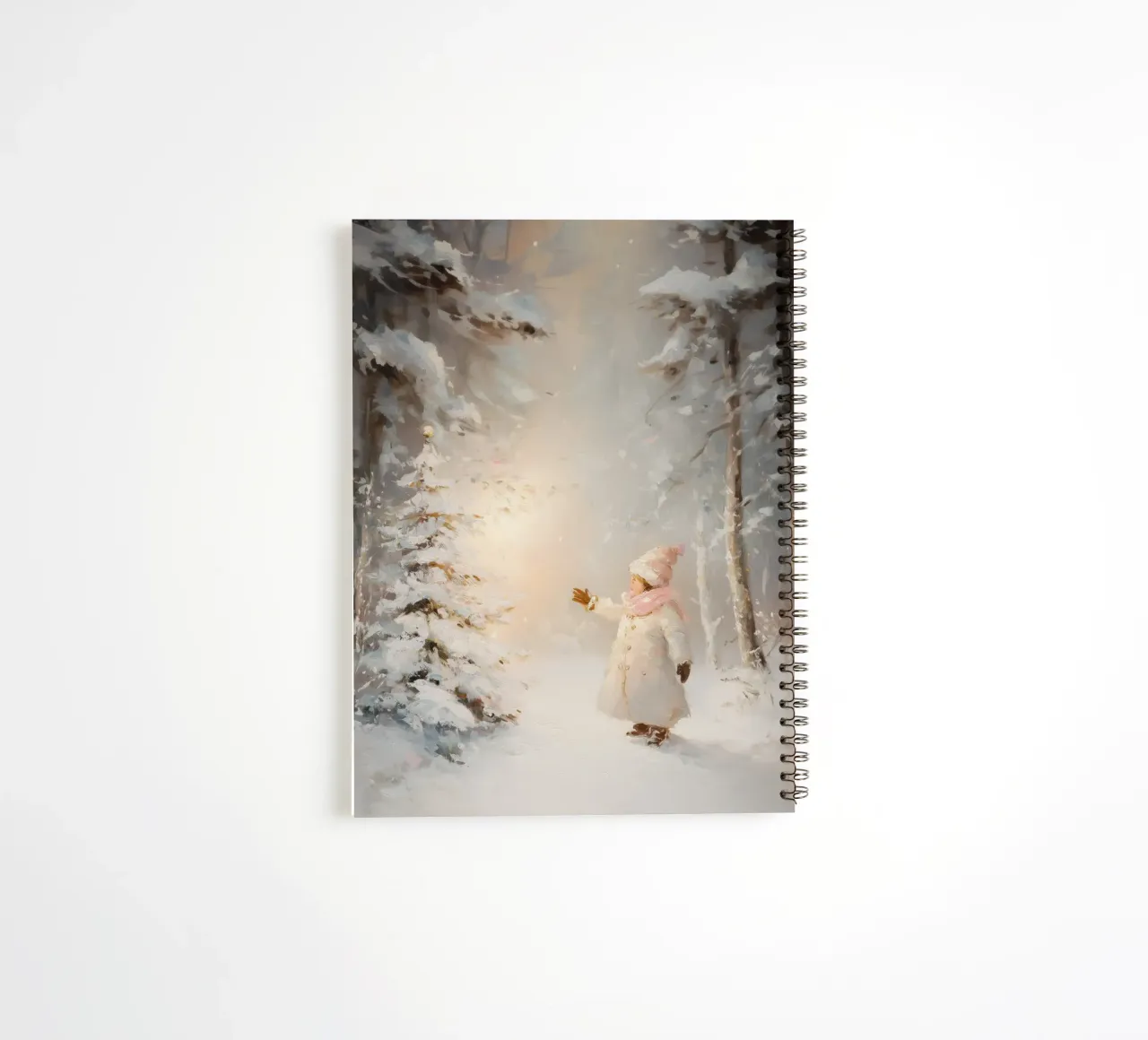 Bambino che cerca di raggiungere un albero coperto di neve in una foresta invernale diario ad anelli da Melloi Art Print