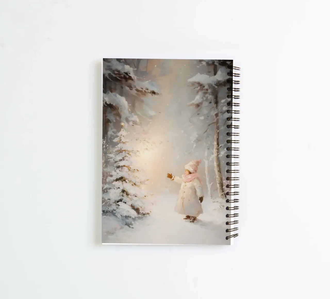 Bambino che cerca di raggiungere un albero coperto di neve in una foresta invernale diario ad anelli da Melloi Art Print