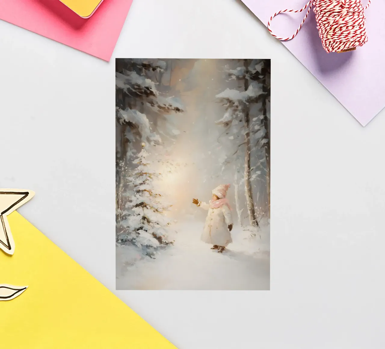 Bambino che cerca di raggiungere un albero coperto di neve in una foresta invernale adesivo da Melloi Art Print