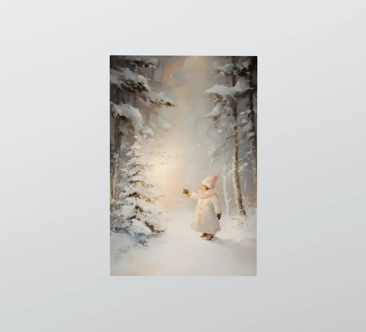 Bambino che cerca di raggiungere un albero coperto di neve in una foresta invernale adesivo da Melloi Art Print
