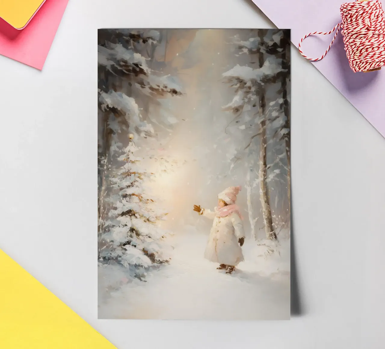 Bambino che cerca di raggiungere un albero coperto di neve in una foresta invernale foglio adesivo da Melloi Art Print