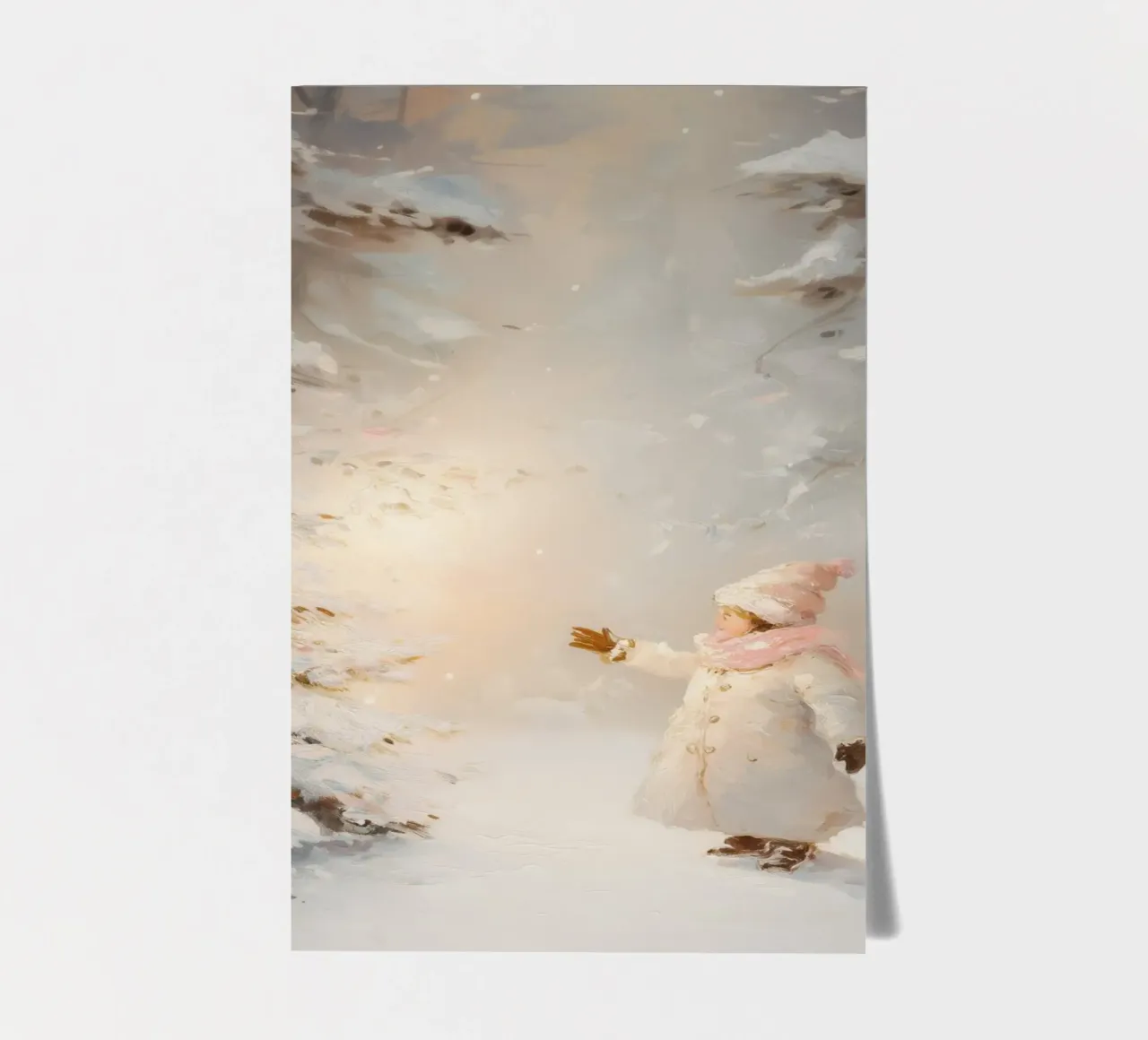 Bambino che cerca di raggiungere un albero coperto di neve in una foresta invernale foglio adesivo da Melloi Art Print