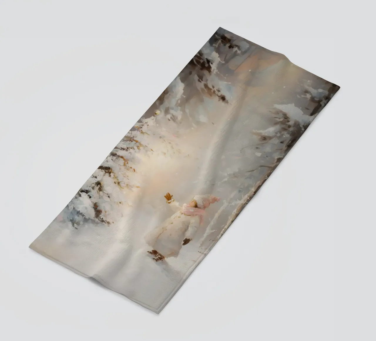 Kind greift nach schneebedecktem Baum im Winterwald Strandtuch von Melloi Art Print