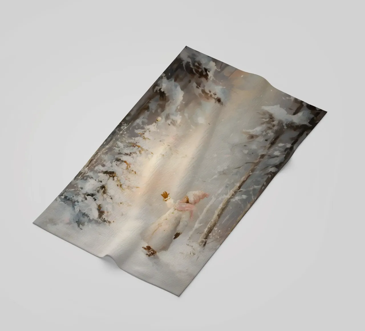 Kind greift nach schneebedecktem Baum im Winterwald Strandtuch von Melloi Art Print