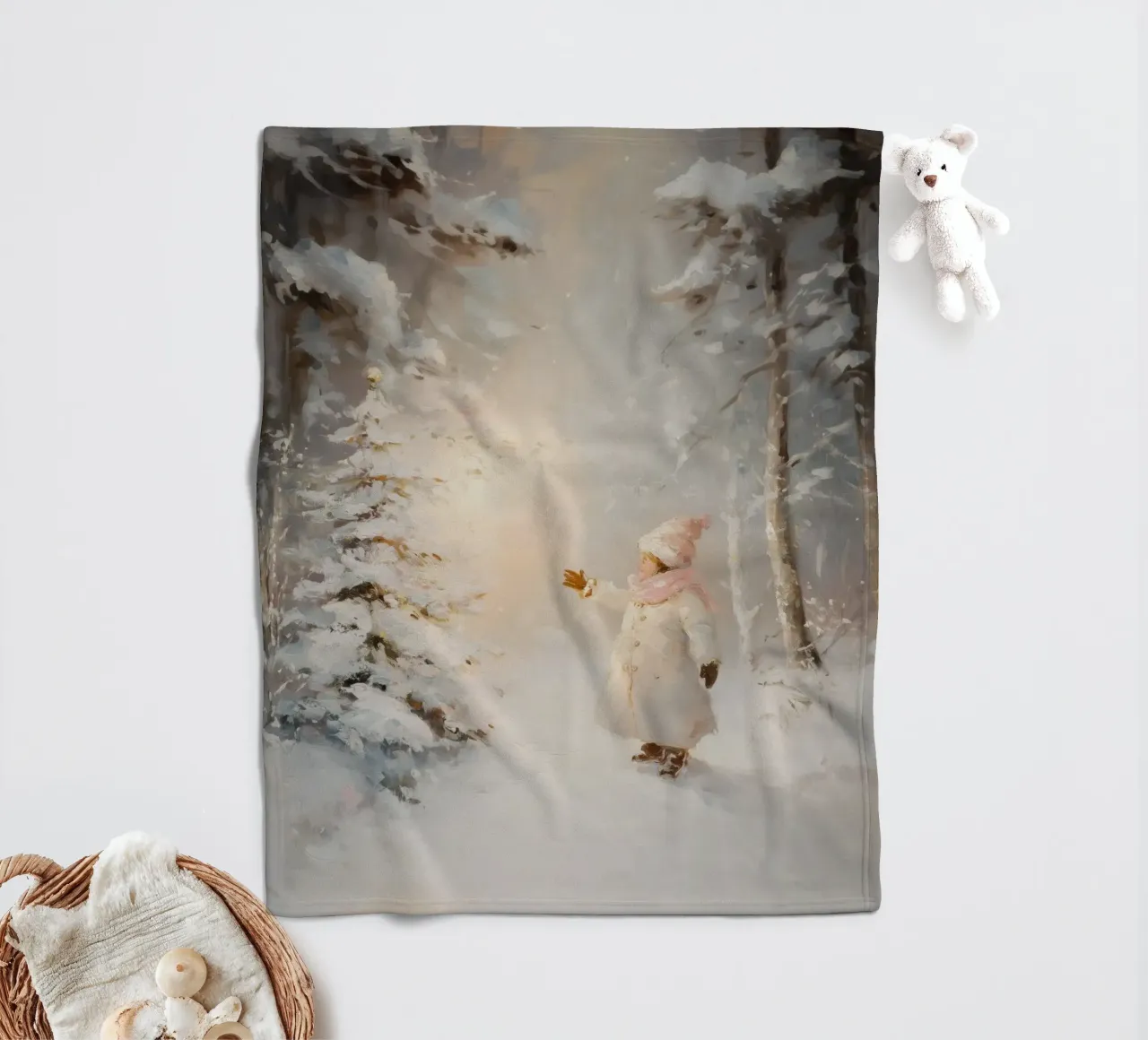 Kind greift nach schneebedecktem Baum im Winterwald Fleecedecke von Melloi Art Print