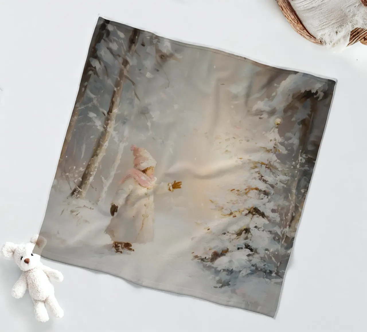 Kind greift nach schneebedecktem Baum im Winterwald Fleecedecke von Melloi Art Print