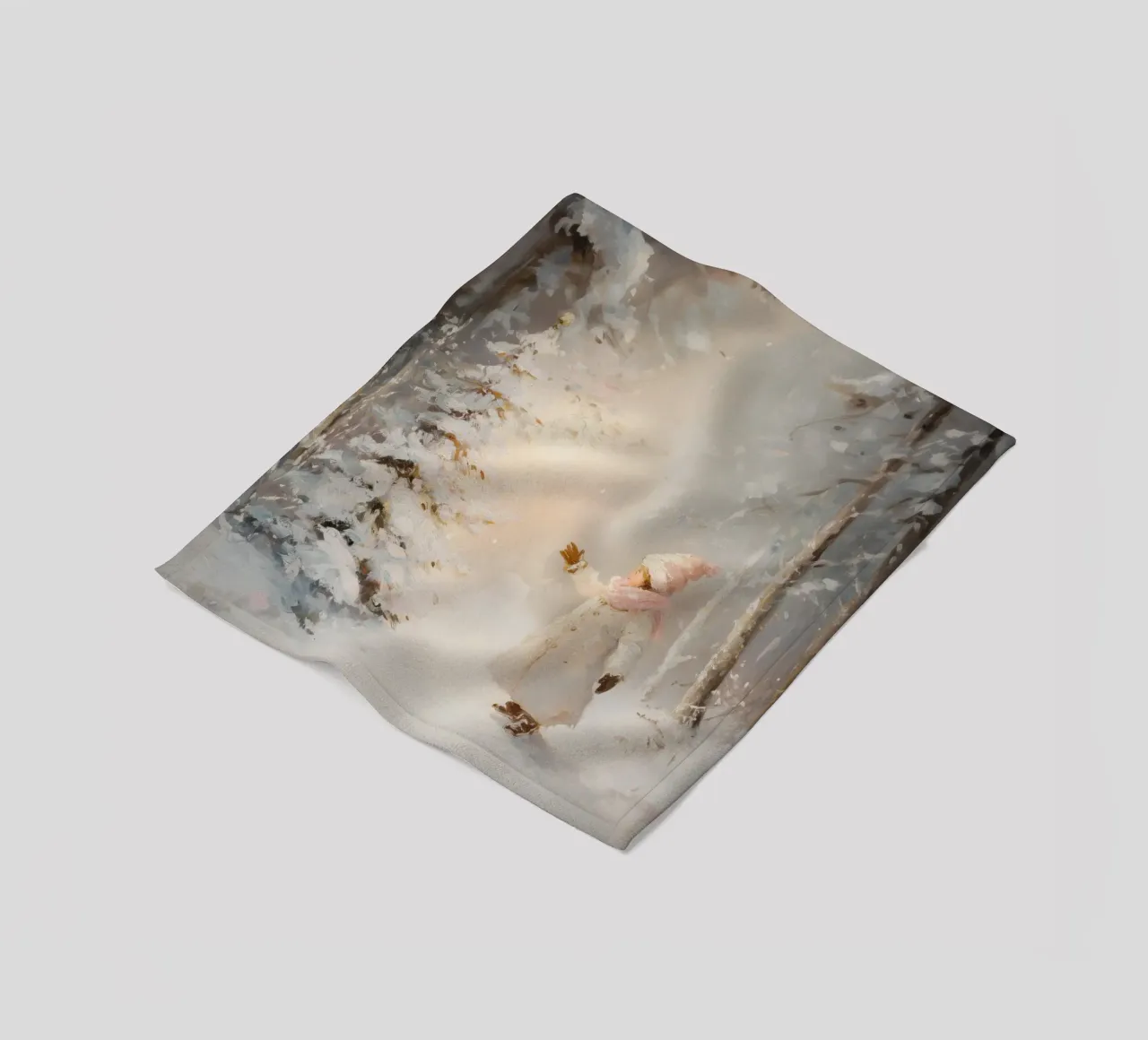 Kind greift nach schneebedecktem Baum im Winterwald Fleecedecke von Melloi Art Print