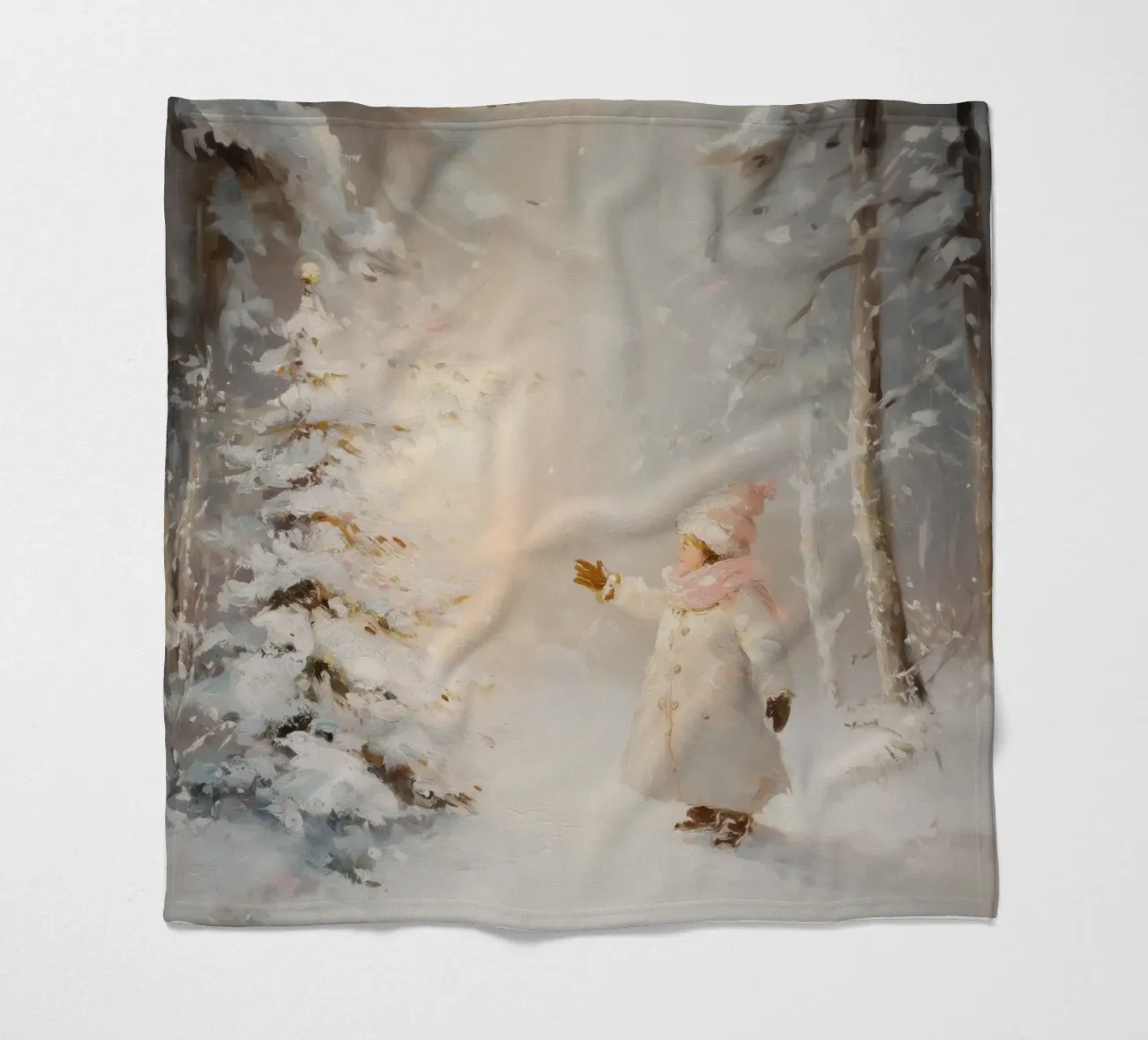 Kind greift nach schneebedecktem Baum im Winterwald Fleecedecke von Melloi Art Print